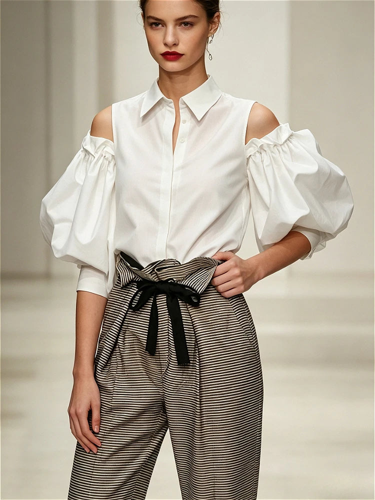 2026 Women Solid White Cold Shoulder Blouse Lapel Collar Puff Pleated Long Sleeve Button Front Loose Fit Elegant Office Daily Streetwear Party Date Vacation Women's Shirts Tops