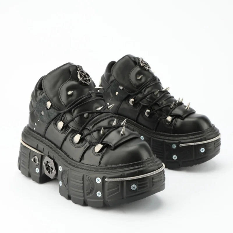 Punk Rivet Metal Decoration Gothic Shoes Large Size Chunky Heel Platform Sneakers Casual Runway Outdoor Trainers Black Women Hot