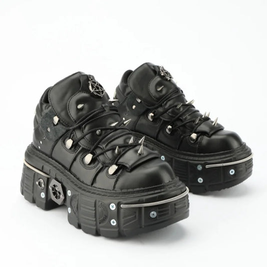 Punk Rivet Metal Decoration Gothic Shoes Large Size Chunky Heel Platform Sneakers Casual Runway Outdoor Trainers Black Women Hot
