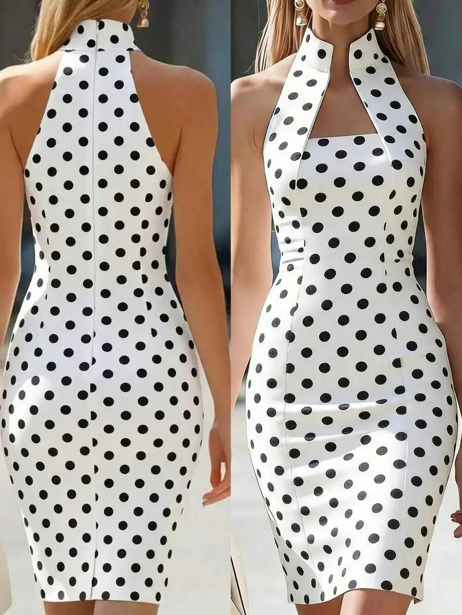 Womens Polka Dot Halter Neck Sheath Dress For Summer Parties