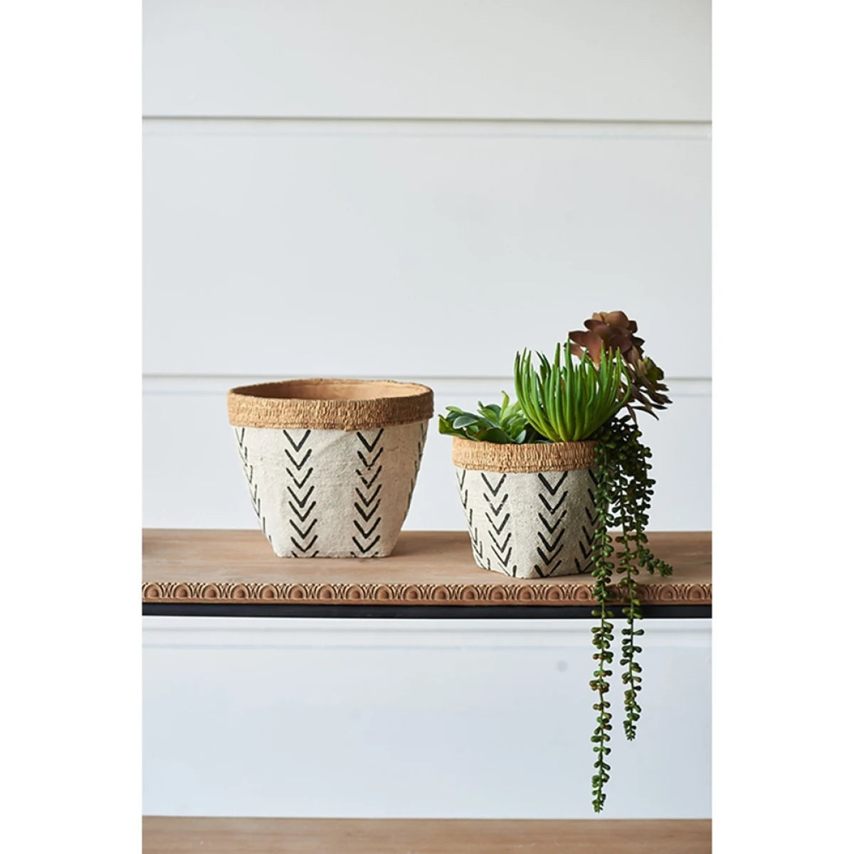 Set of 4 4.3x4.3x4" Gray Sand and Cement Planters with Brown Botanical Motifs On-Site
