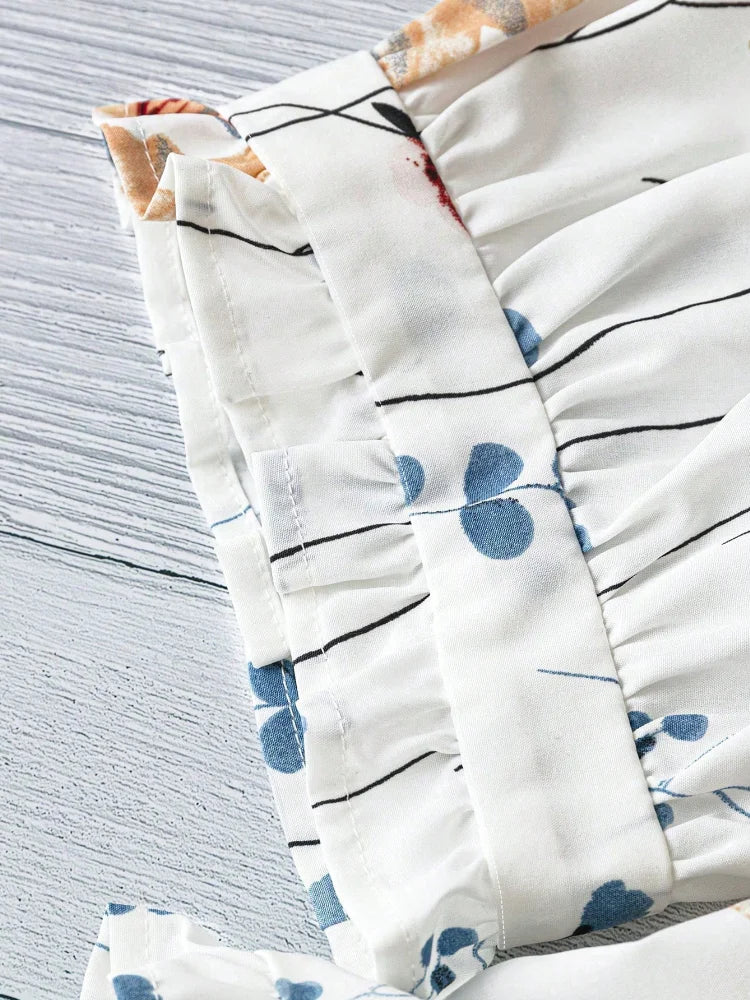 Women's Watercolor Floral Print Button Down Blouse, Lapel Puff Short Sleeve Ruffle Cuff Loose Summer Beach Casual Shirt