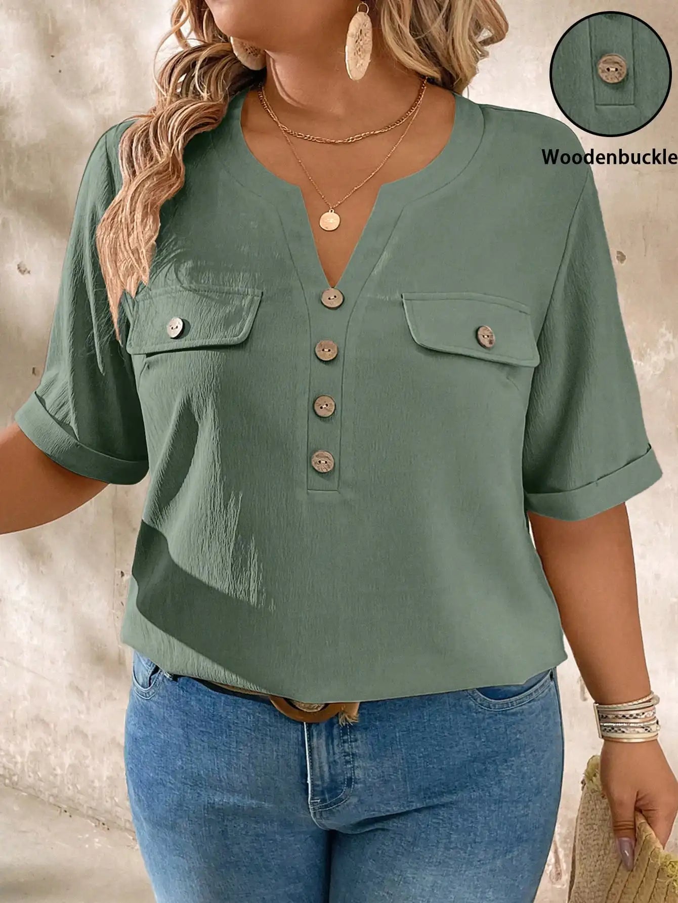 Casual V-Neck Short Sleeve Shirt With Wood Buttons