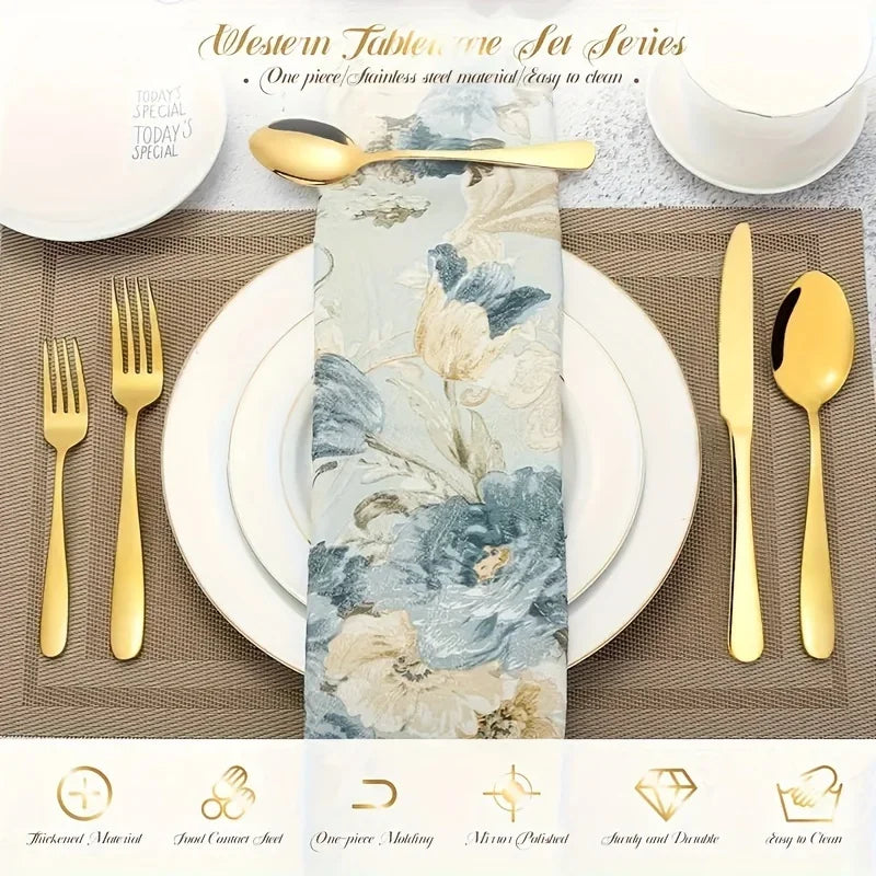 30/60-Piece Luxury Golden Flatware Set, Stainless Steel Cutlery Includes Dinner Spoons,Dinner Forks, Salad Forks, Dinner Knives
