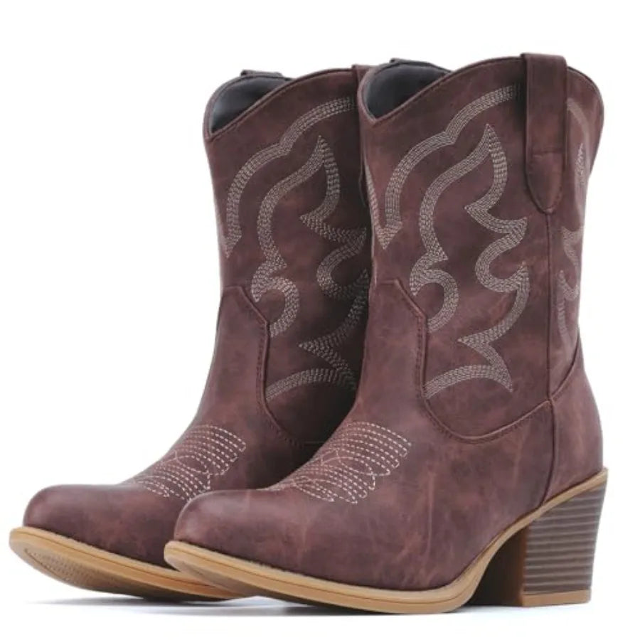IXU Cowboy Boots for Women Wide Suede Ankle Western Cowgirl Boots Mid Calf Pointed Toe Short Chunky Classic Booties