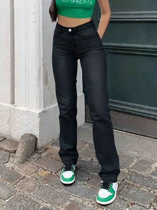 High Waist Stretch Straight-Leg Denim Jeans for Women - Light Wash, Vintage Style
