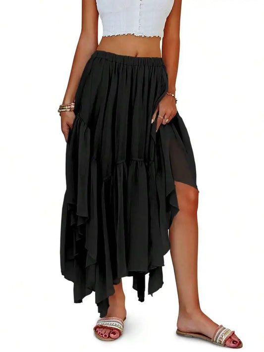 Womens Boho Asymmetric High-Low Hem Flowy Maxi Skirt Casual Summer