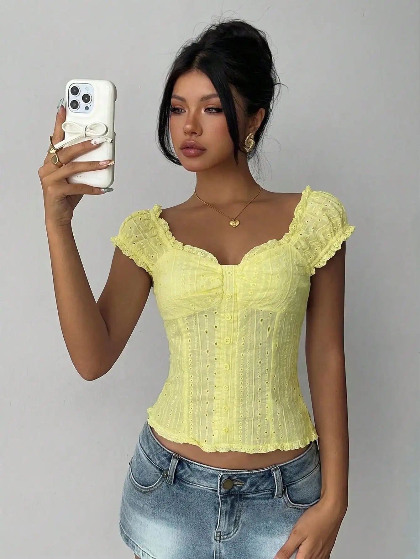 White Vintage Lace Trim Puff Sleeve Blouse For Women