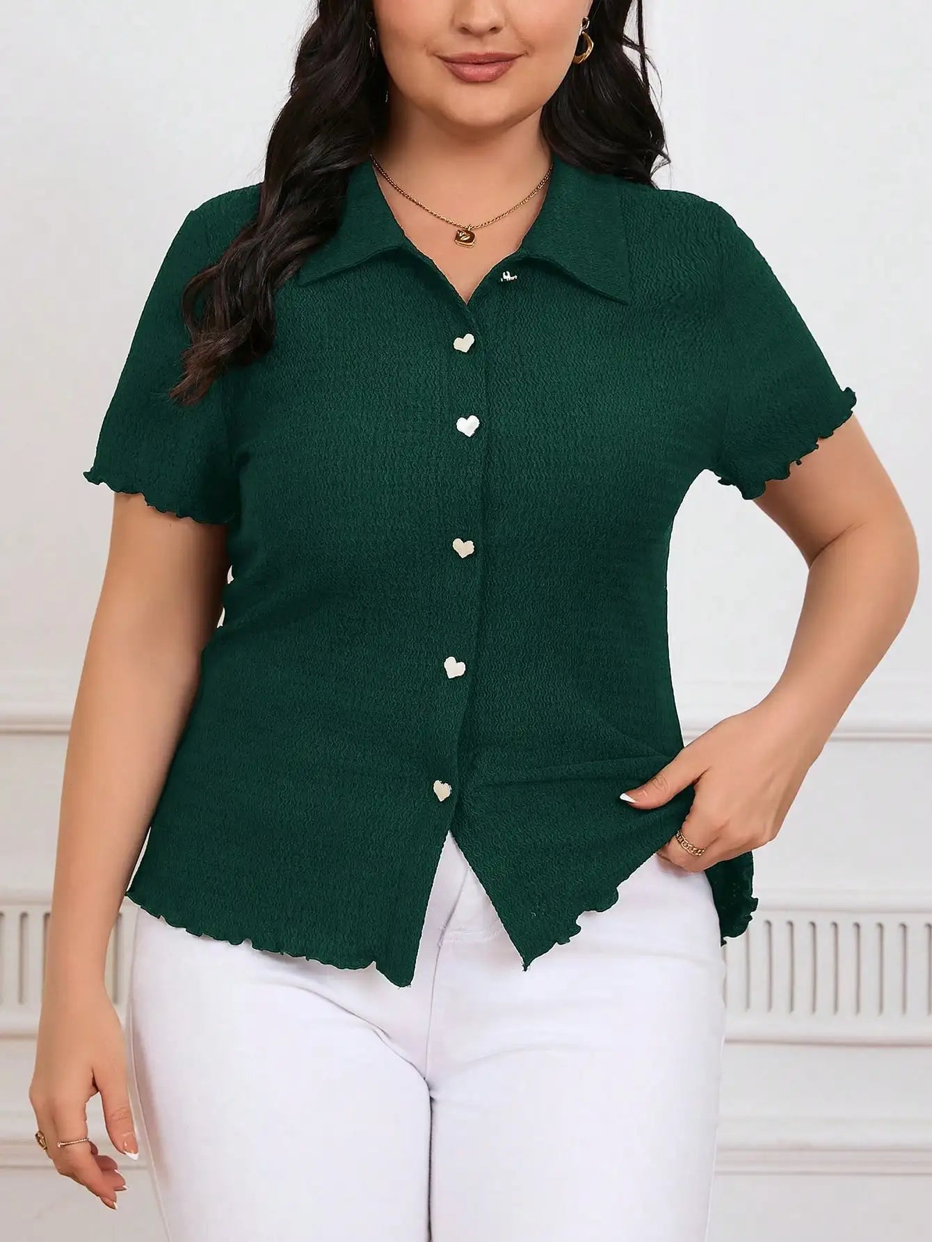 Striped Button Front Polo Shirt Short Sleeve Casual Office Elegant Women's Top