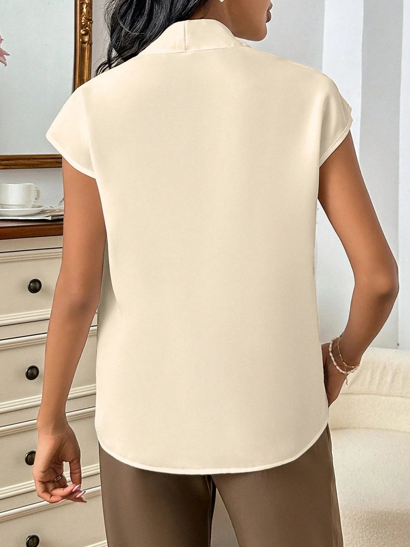 Women Solid V-Neck Batwing Sleeve Blouse Office Elegant Workwear Summer