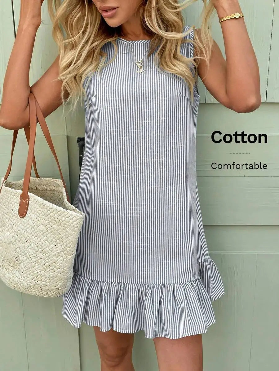 Pink And White Stripe Ruffle Hem Sleeveless Round Neck Mini Dress For Women