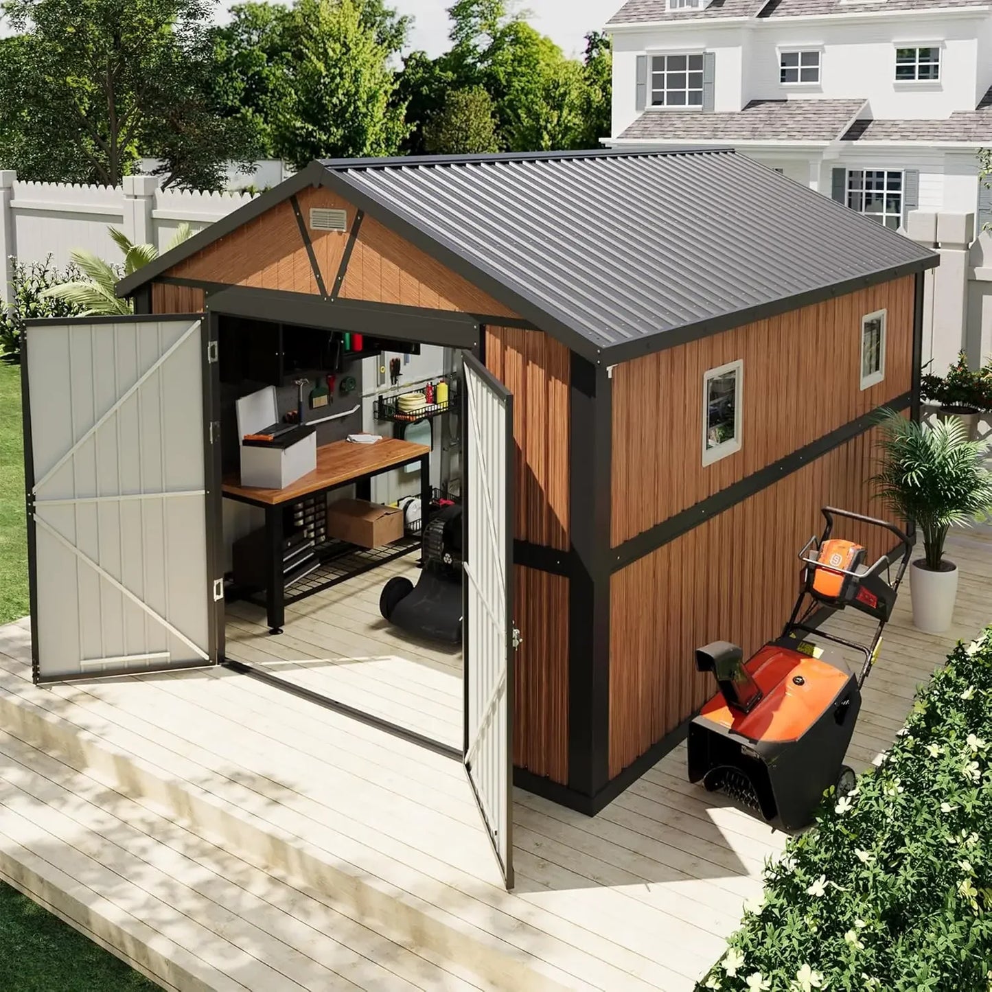 Outdoor Extra Large 10x12 FT Metal Storage Shed, Lockable Doors & Window for Backyard Garden Tool Storage, Customized