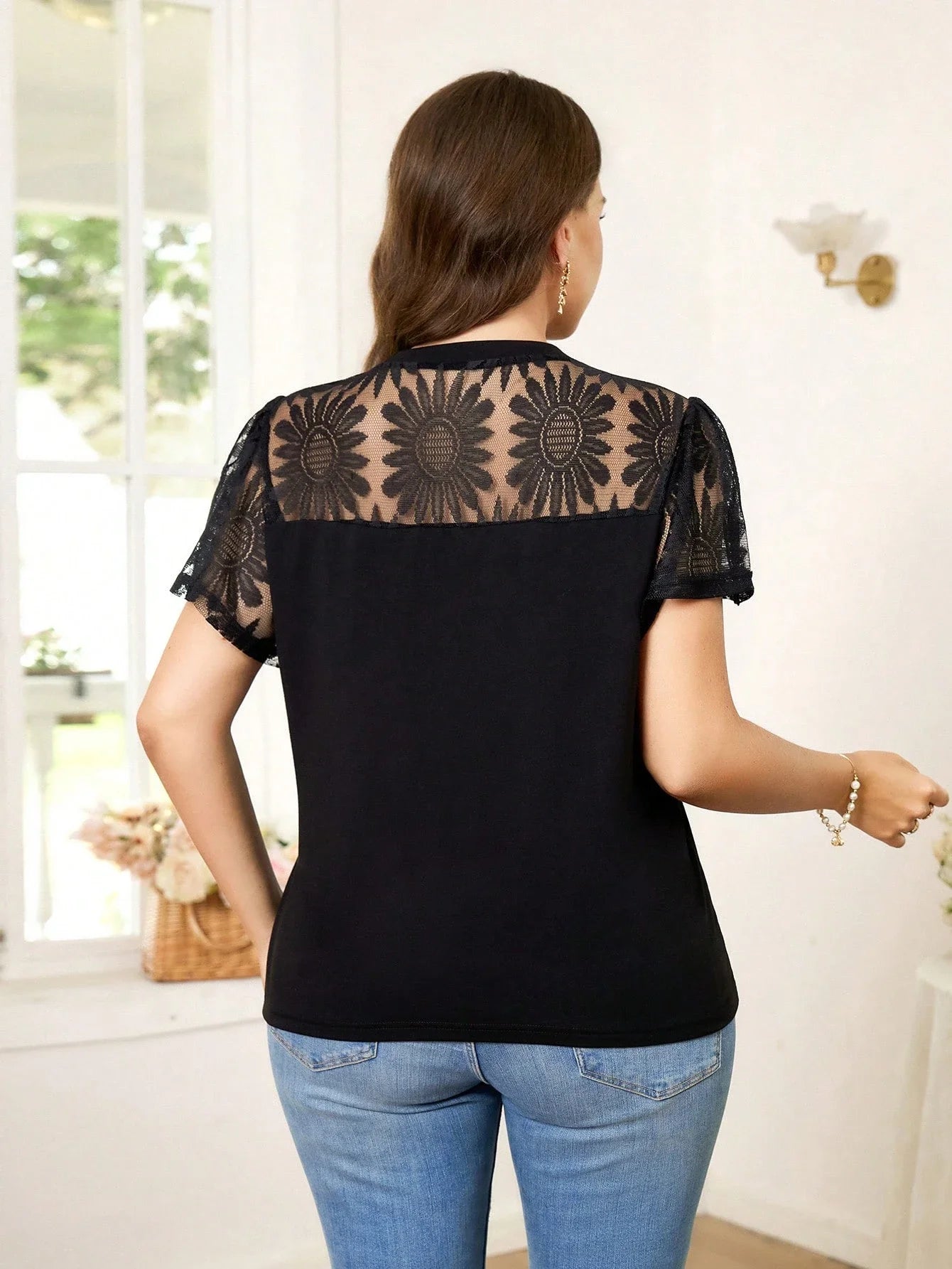 Plus Size Women Summer Lace Patchwork Short Sleeve Top Business Casual Blouse