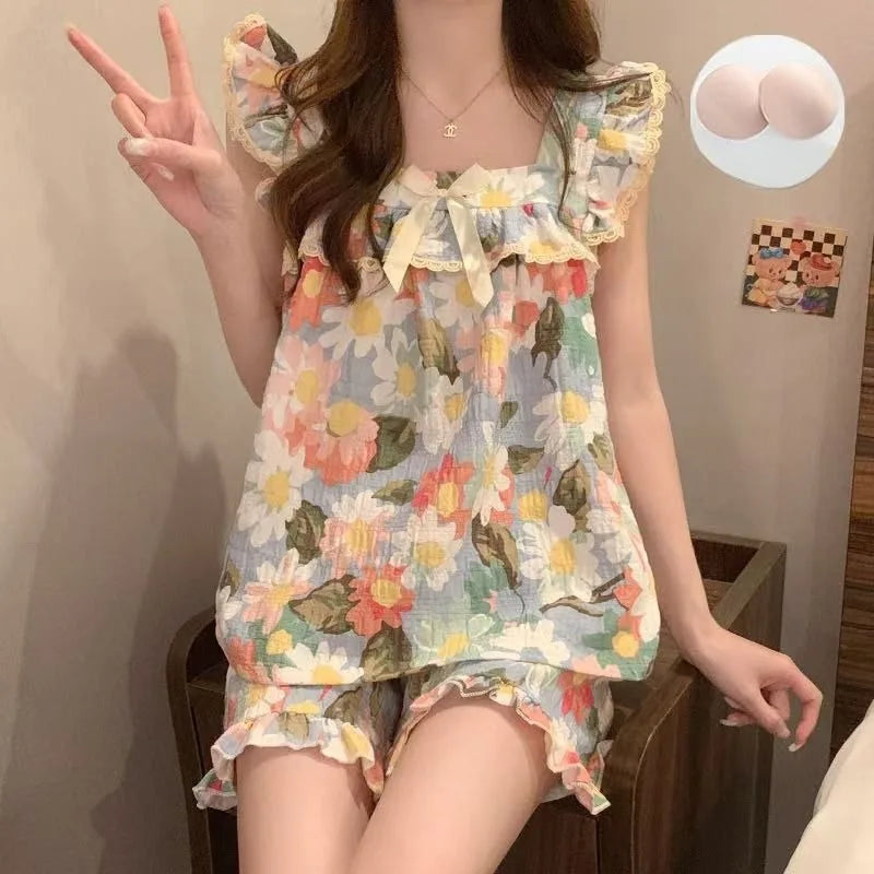 Set Sexy Women Summer Pajamas Sleeveless Sleepwear Trousers Sets Short Sleeve Sleepwear Women's Pajama Sleeping Sleep Lounge