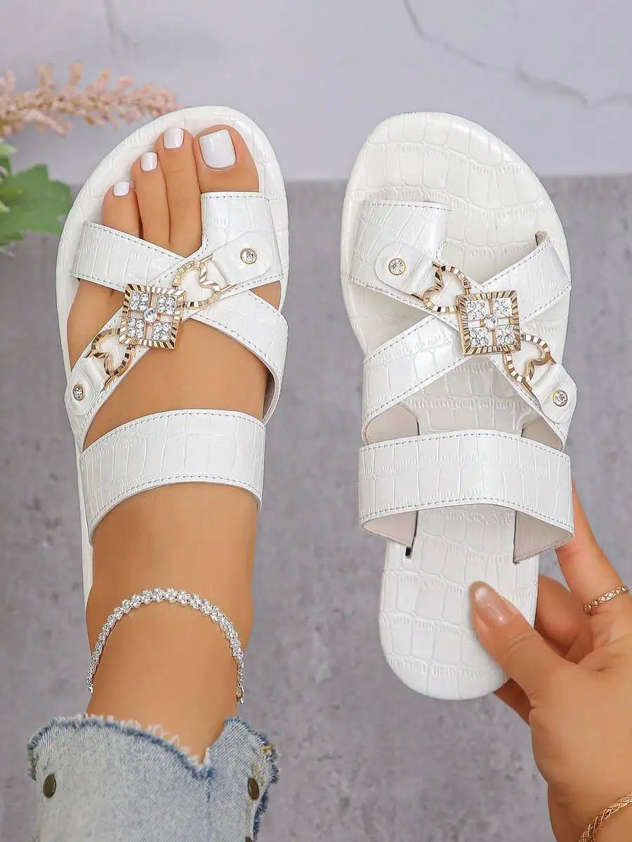 Womens White Flat Sandals With Crystal Buckle Strap Casual Beach  Shoes
