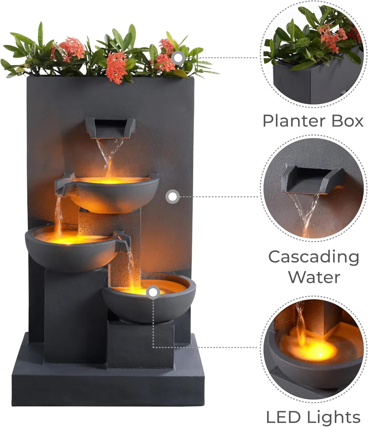 29.13" 3-Tier Cascading Outdoor Water Fountain with Planter, LED Lights for Outdoor Living Spaces, Matte Gray