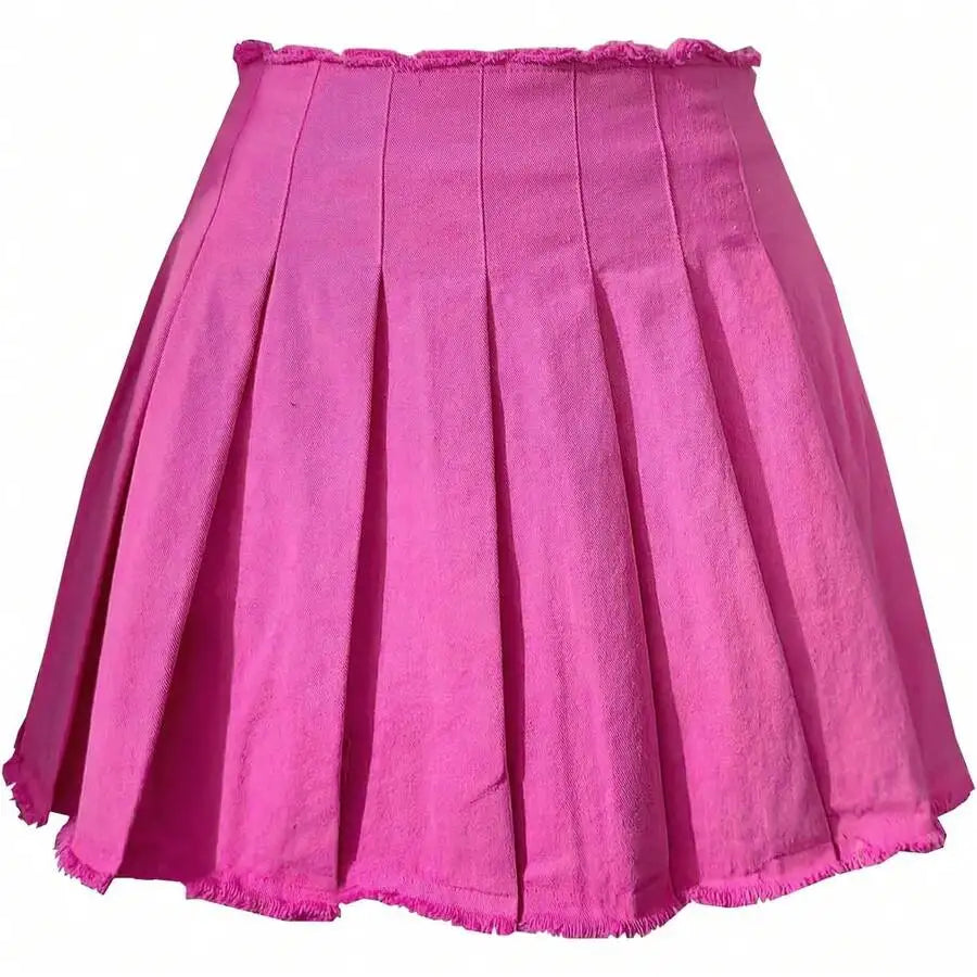 Womens High Waist A-Line Pleated Mini Skirt Solid Color Polyester