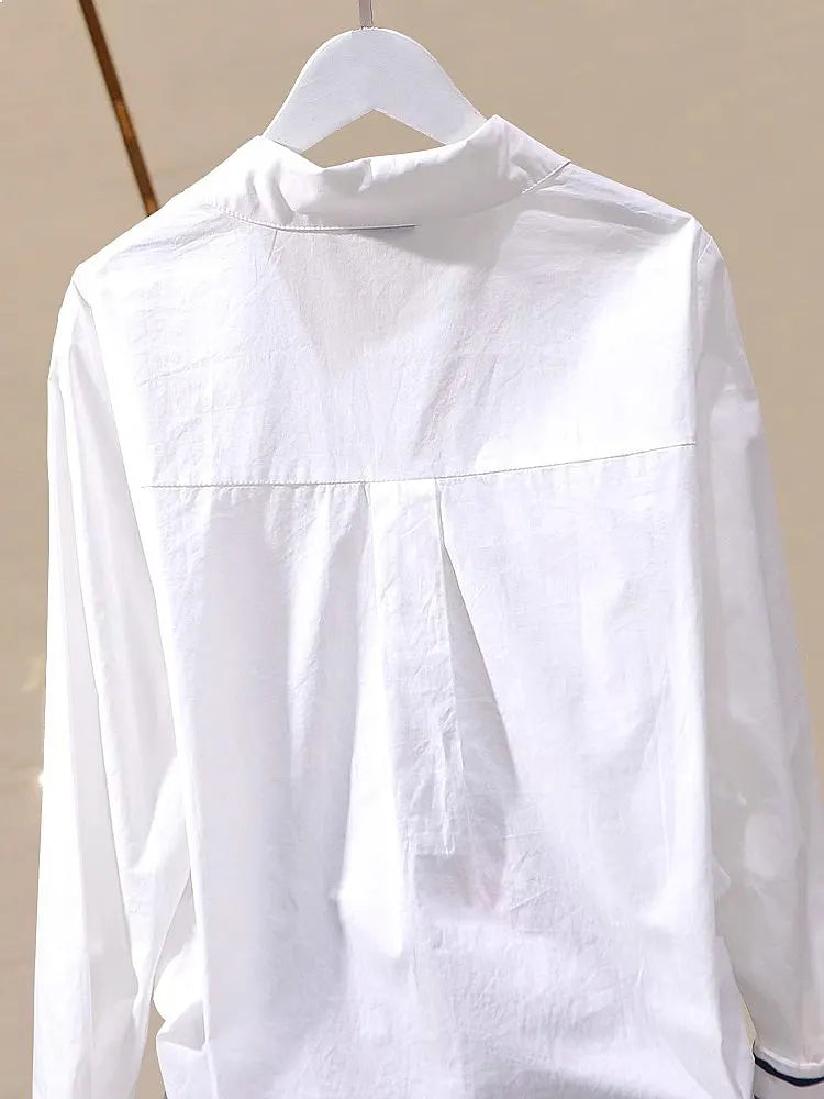 Designer-Inspired Vertical Stripe Slim-Fit Pure Cotton Embroidered Shirt Women Long Sleeve Blouse Ethnic Style