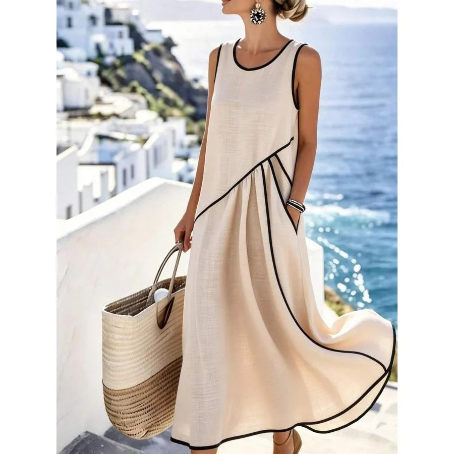 【New style】 Holidaya Women's Casual Vacation Contrast Trim Single Pocket Dress, Casual Long Dress, Spring/Summer Dress Women Va