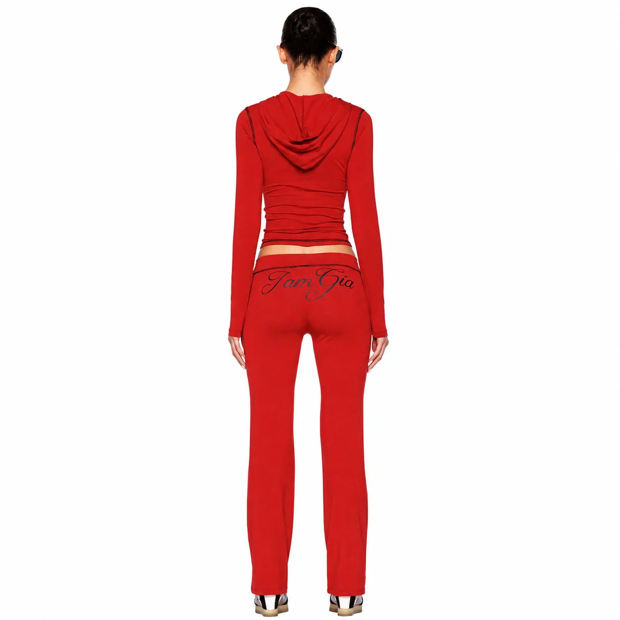 Red Women's Zip-Up Crop Top & Leggings Set with 'Girl' Graphic, Street Style Sporty 2-Piece Outfit for Parties