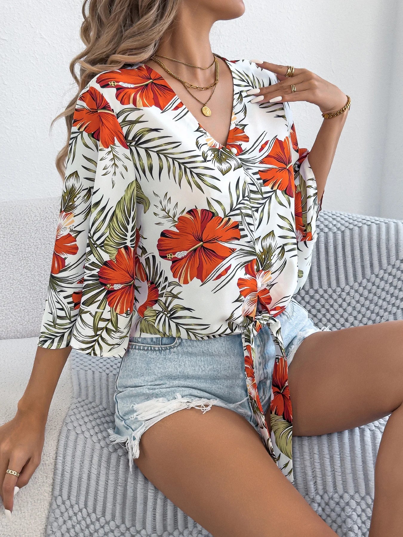 Women Bohemian Floral Print V Neck Button Front Tie Waist Shirt Blouse 3 4 Sleeve Vacation Tops