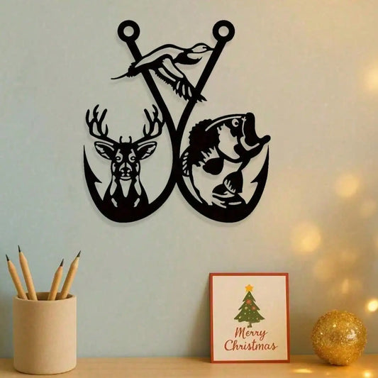 Vintage Deer & Fish Metal Wall Art, Rustic Lodge Man Cave Decor for Hunting Cabin, Valentine‘s Day Gift for Outdoorsman