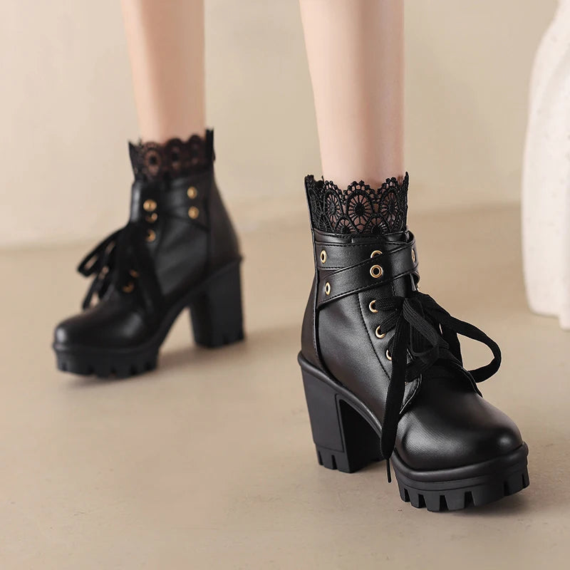Goth Boots Women Platform Chunky Heel Buckle Lace Up Combat Booties