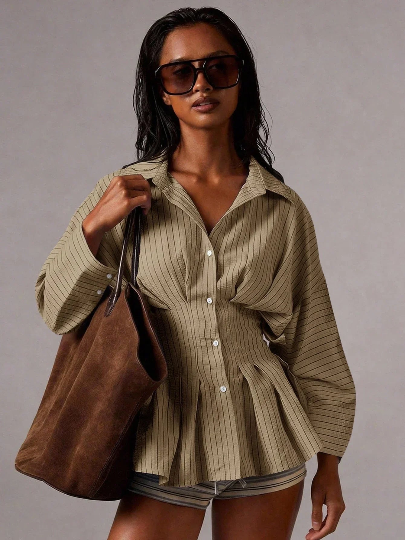 Women Striped Waist Cinched Long Sleeve Pleated Blouse