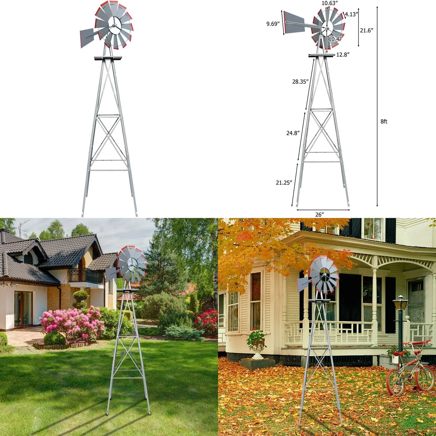 8FT Ornamental Windmill Backyard Garden Weather Vane Heavy Duty Metal 4 Legs Grey