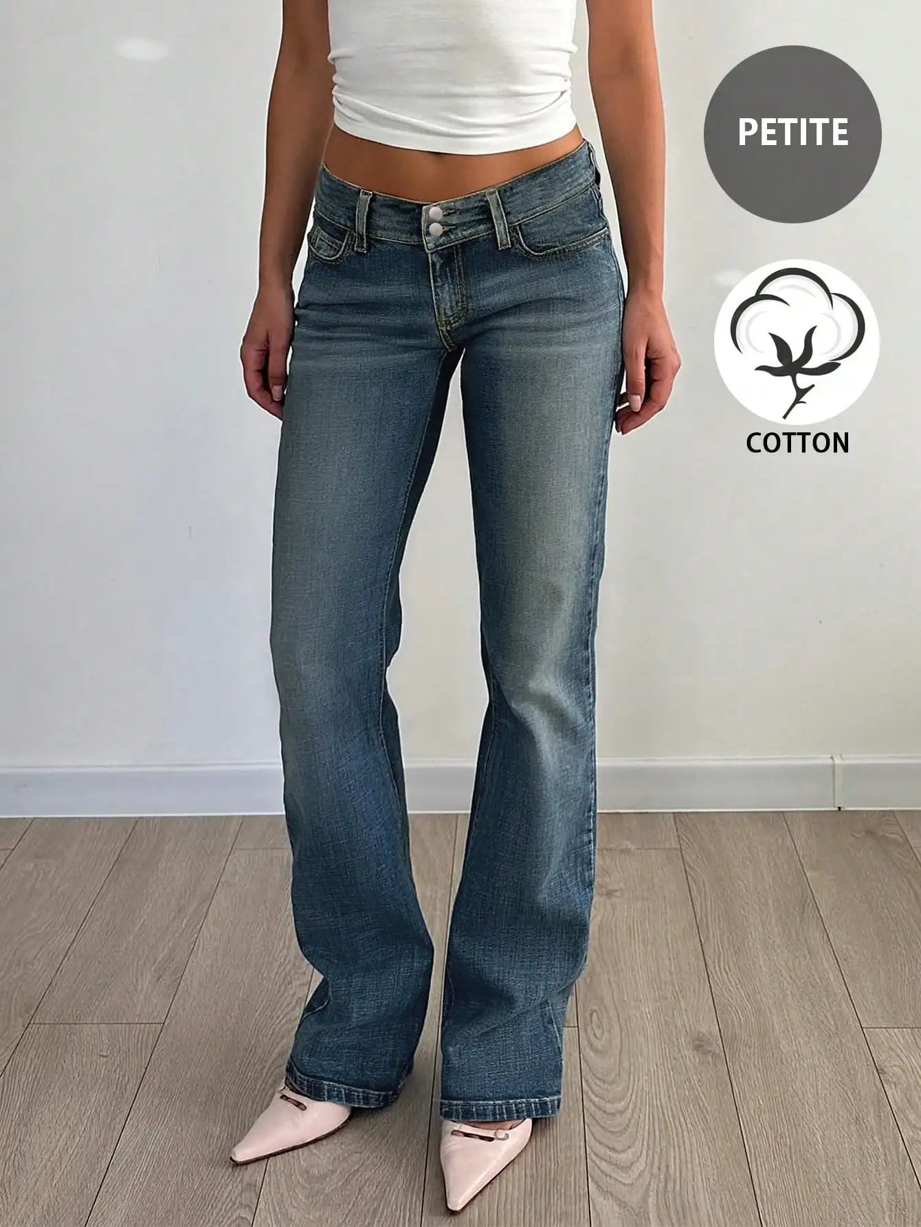 Light Washed Flared Low-Rise Jeans with Button Fly and Pockets