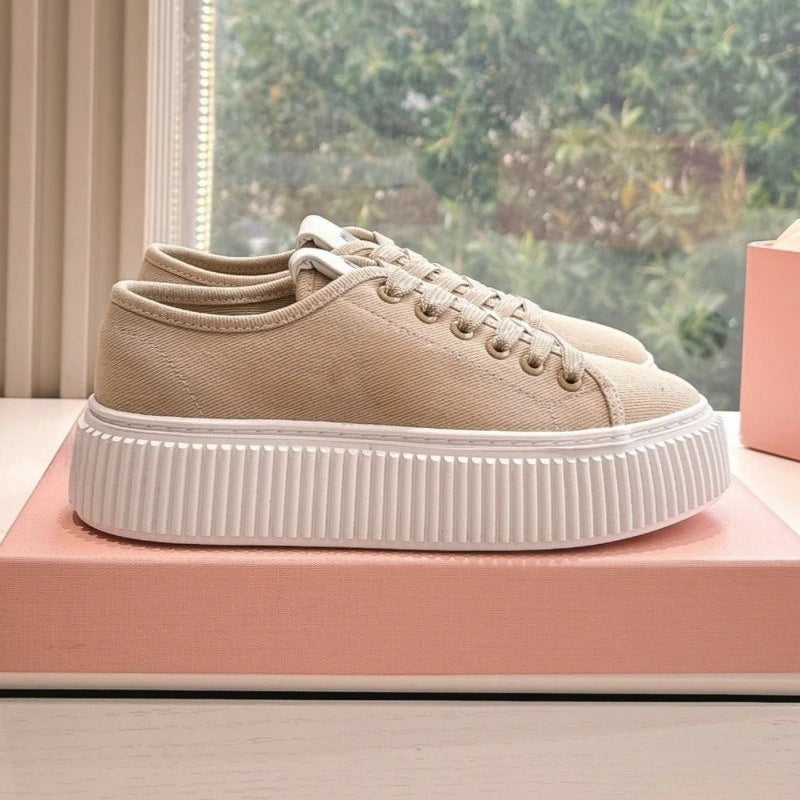 Spring Summer New Women's Genuine Leather Thick Sole Plain Color Letter Print Cookie Sneakers Casual All-Matching White Shoes