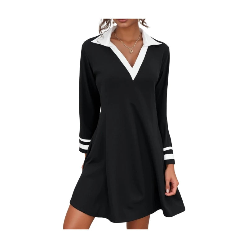 Contrast Collar Mini Dress V Neck Striped Cuff Long Sleeve Flared Swing Outfit For Women Daily School Casual Preppy Stylish Garment