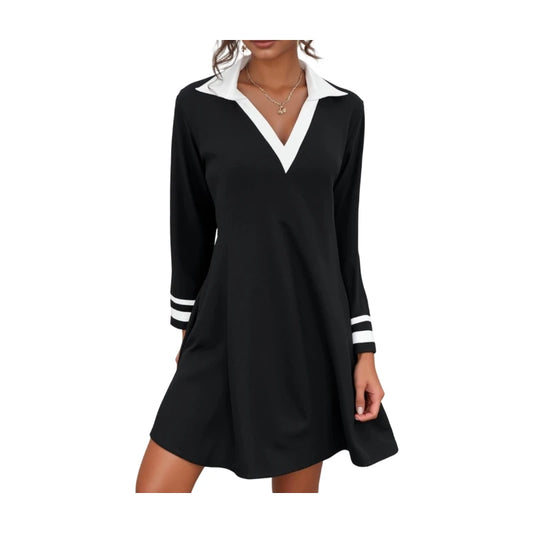 Contrast Collar Mini Dress V Neck Striped Cuff Long Sleeve Flared Swing Outfit For Women Daily School Casual Preppy Stylish Garment