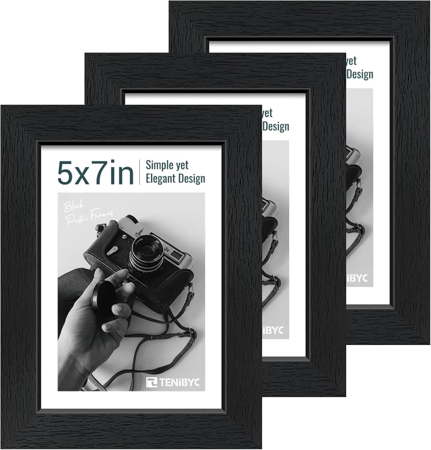 5x7 Picture Frame 3-Pack, Black Woodgrain, Solid Wood & Tempered Glass, Wall or Table Display