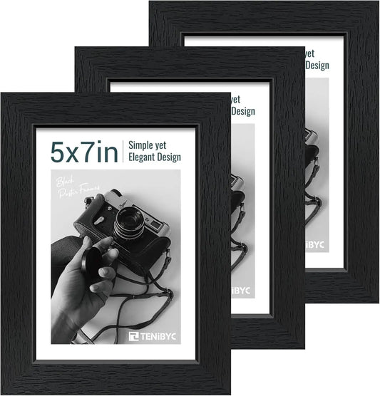 5x7 Picture Frame 3-Pack, Black Woodgrain, Solid Wood & Tempered Glass, Wall or Table Display