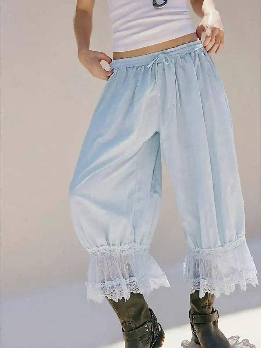 Women Cropped Lace Trim Bloomers Loose Mid Rise Victorian Pantaloons Streetwear
