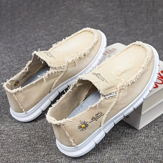 Unisex Fringe Raw Edge Canvas Slip On Loafers, Vintage Daisy Embroidery Lazy Shoes, Soft Non-slip Breathable Daily Flats, Lightweight One-step Walking Shoes, Casual All-match Comfort Footwear For Men Women Daily Commute & Dai