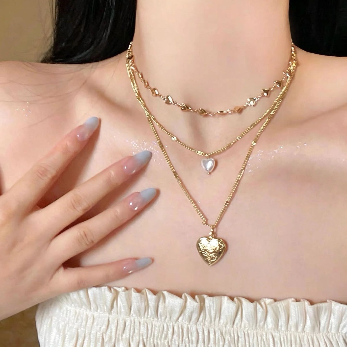 Y2K White Lace Cross Strap Key Choker Necklace for Women Sweet Cool Heart Chain Double Layer Necklace Fashion Party Jewelry Gift