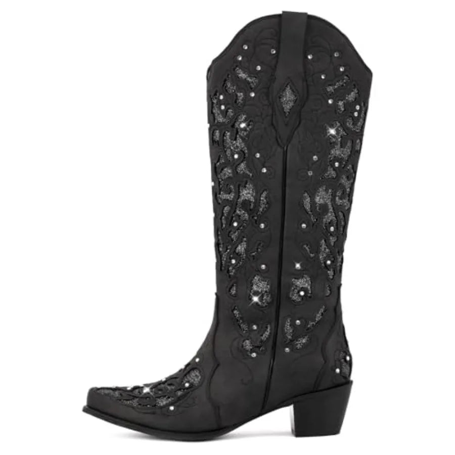Western Mid Calf Cowboy Cowgirl Boots Sparkly Rhinestone Bling Cowboy Boots for Women