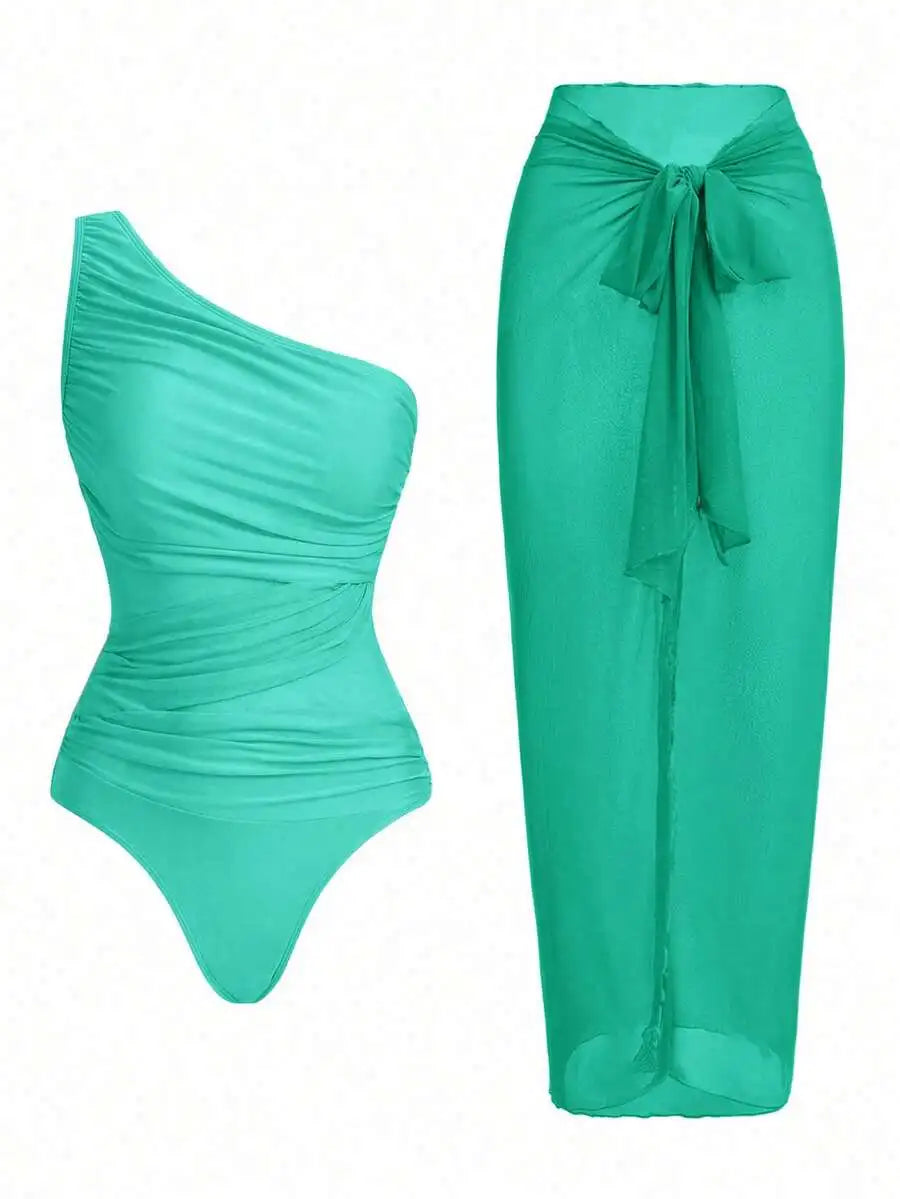 One Piece Ruched Swimsuit With Sarong Cover Up For Women Summer Beach