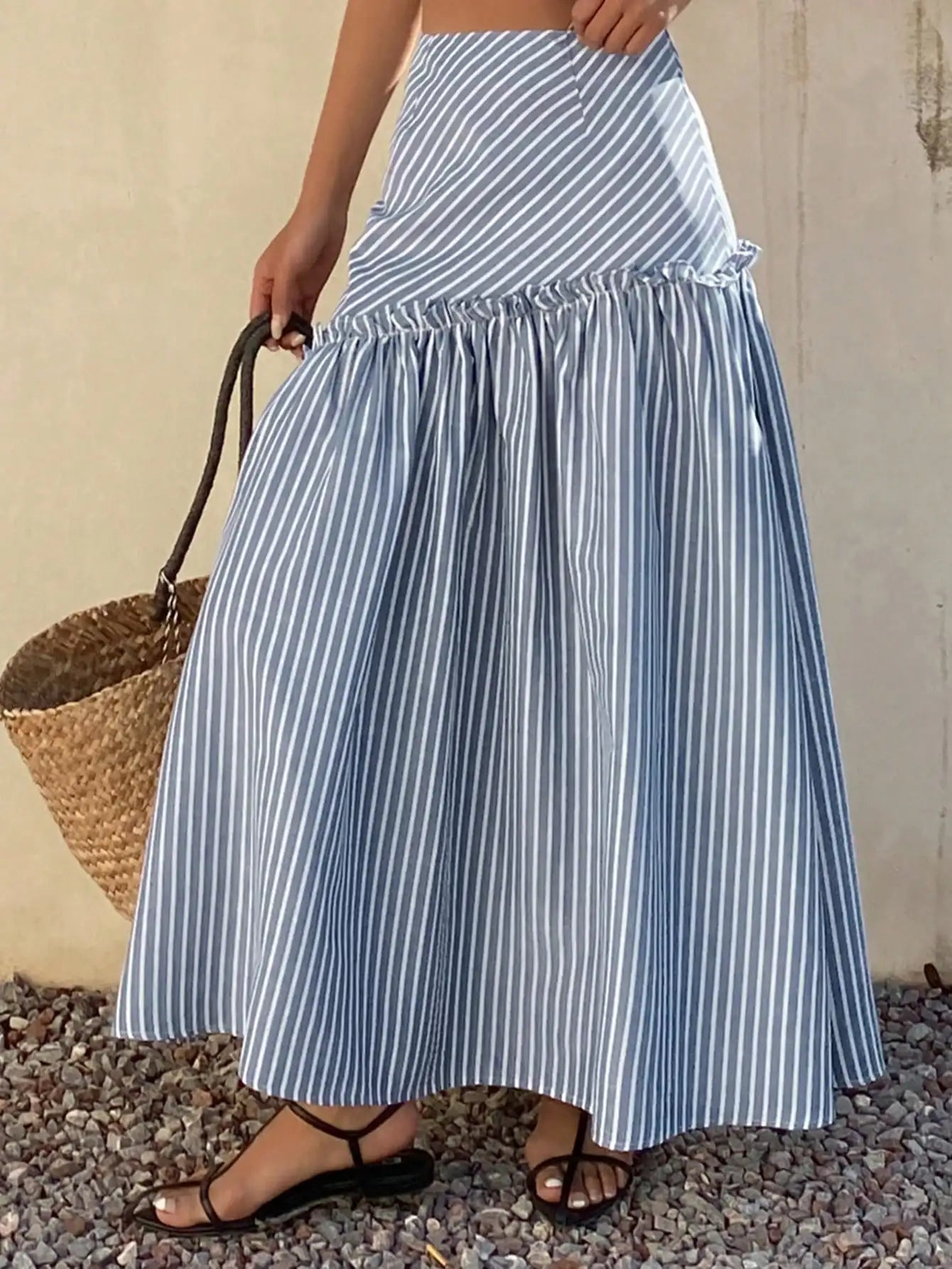 Livesso Loose Casual Vacation Style Beach Fashion Design Frill Asymmetric Striped Print High Waist Women Skirt, Spring/Summer