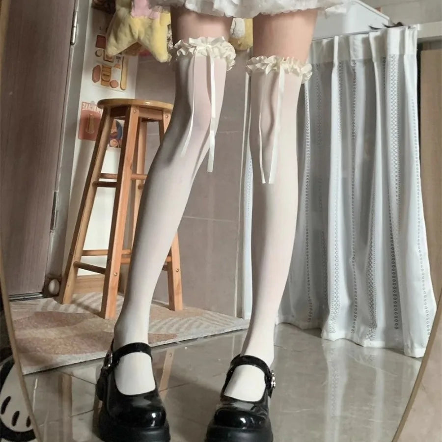 White Thin Sheer Ruffle-edge Lace Long Socks Women JK Girl Sweet Thigh High Stockings Lolita Nylon OverKnee Cute Bowknot Hosiery