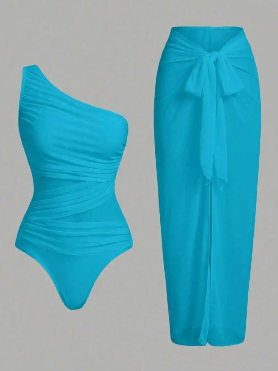 One Piece Ruched Swimsuit With Sarong Cover Up For Women Summer Beach