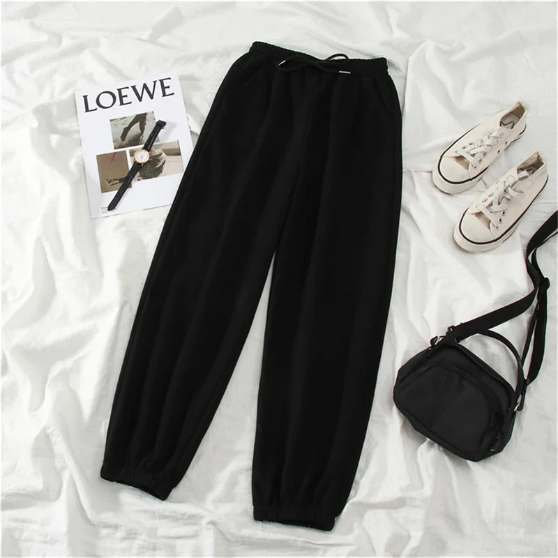 Jogger Pants Cuffed Streetwear Oversize Baggy Thick Solid Gray Black Elastic Waist Autumn Winter Fashion Women Sports Trousers