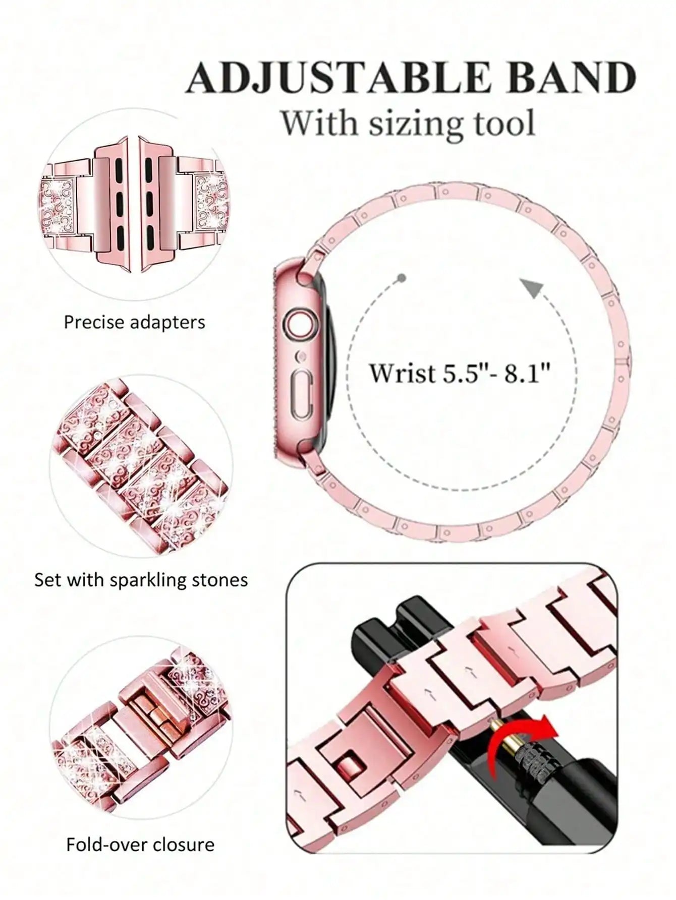 Pink Shiny Diamond Metal Strap & Bling Protective Case 2Pcs Set for Apple Watch, Women Luxury Jewelry Accessory, S(38/40/41) M(42/44/45/49) L(S10/S11 42) XL(S10/S11 46), Compatible with Ultra3/Ultra2/Ultra, SE3/SE2/SE, Series