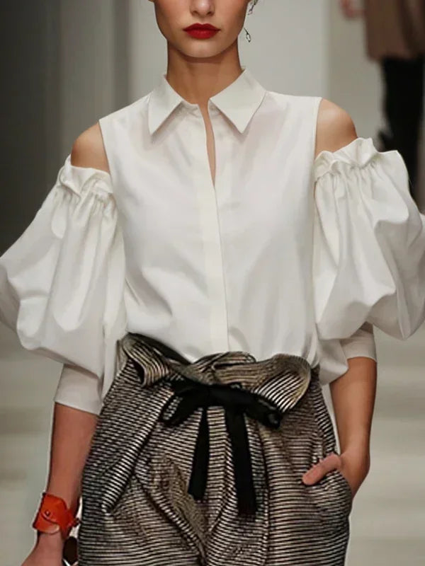 2026 Women Solid White Cold Shoulder Blouse Lapel Collar Puff Pleated Long Sleeve Button Front Loose Fit Elegant Office Daily Streetwear Party Date Vacation Women's Shirts Tops