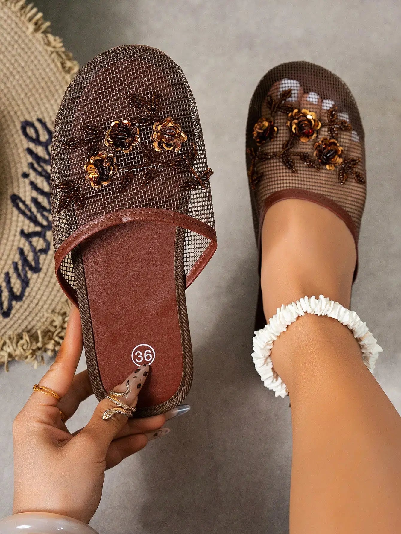 Womens Black Mesh Mules With Beaded Floral Embellishment Slip-On Flat Sandals