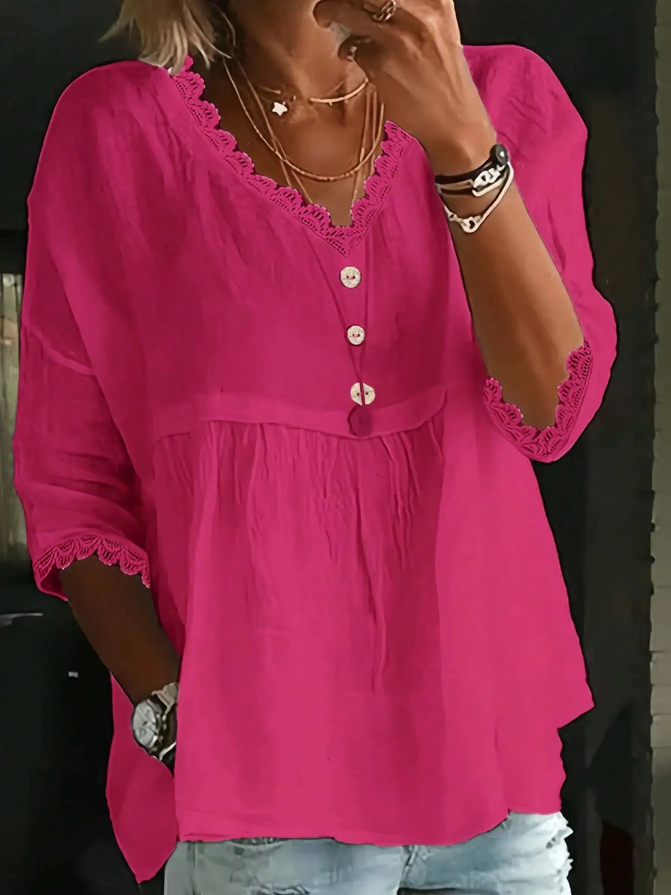 Women's Casual V-Neck Lace Trim Blouse Solid Color Lightweight Woven Top