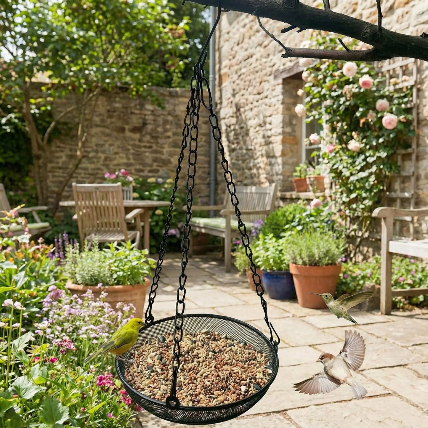 7.2in Diameter Bird Feeding Tray Round Metal Feeders Garden Patio Trees Hang Feeding Outdoor Garden Hanging For Attracting Birds