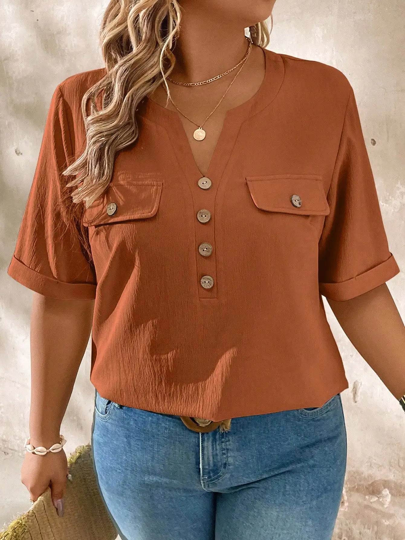 Casual V-Neck Short Sleeve Shirt With Wood Buttons